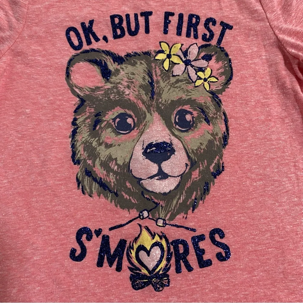 JUSTICE T-Shirt Top Size 7 Lace Pink Sparkle Bear S’mores Graphic Short Sleeve